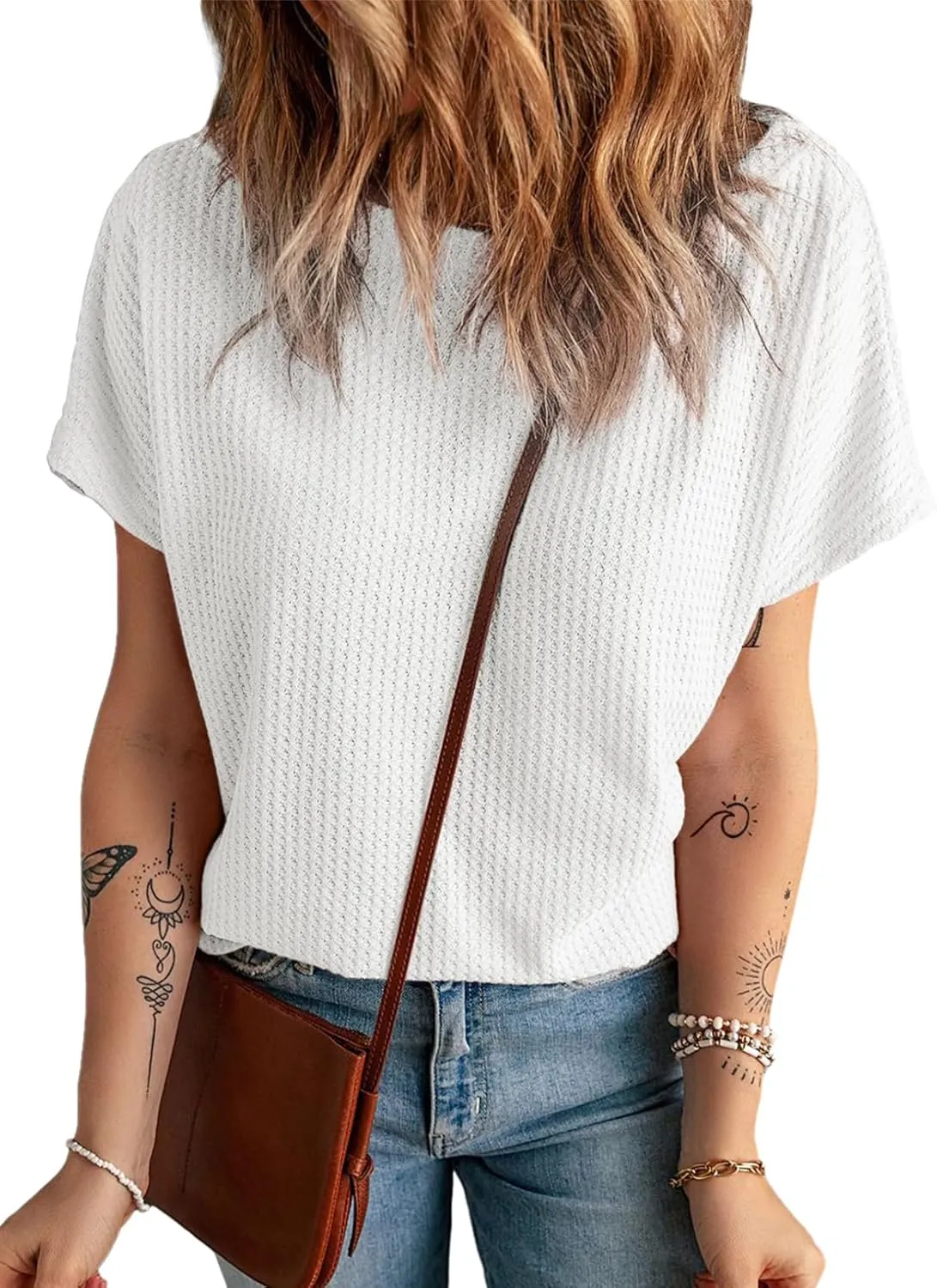 Dokotoo Women's Casual Boat Neck Short Sleeve Waffle Knit Shirts Loose Summer Tunic Tops Blouses