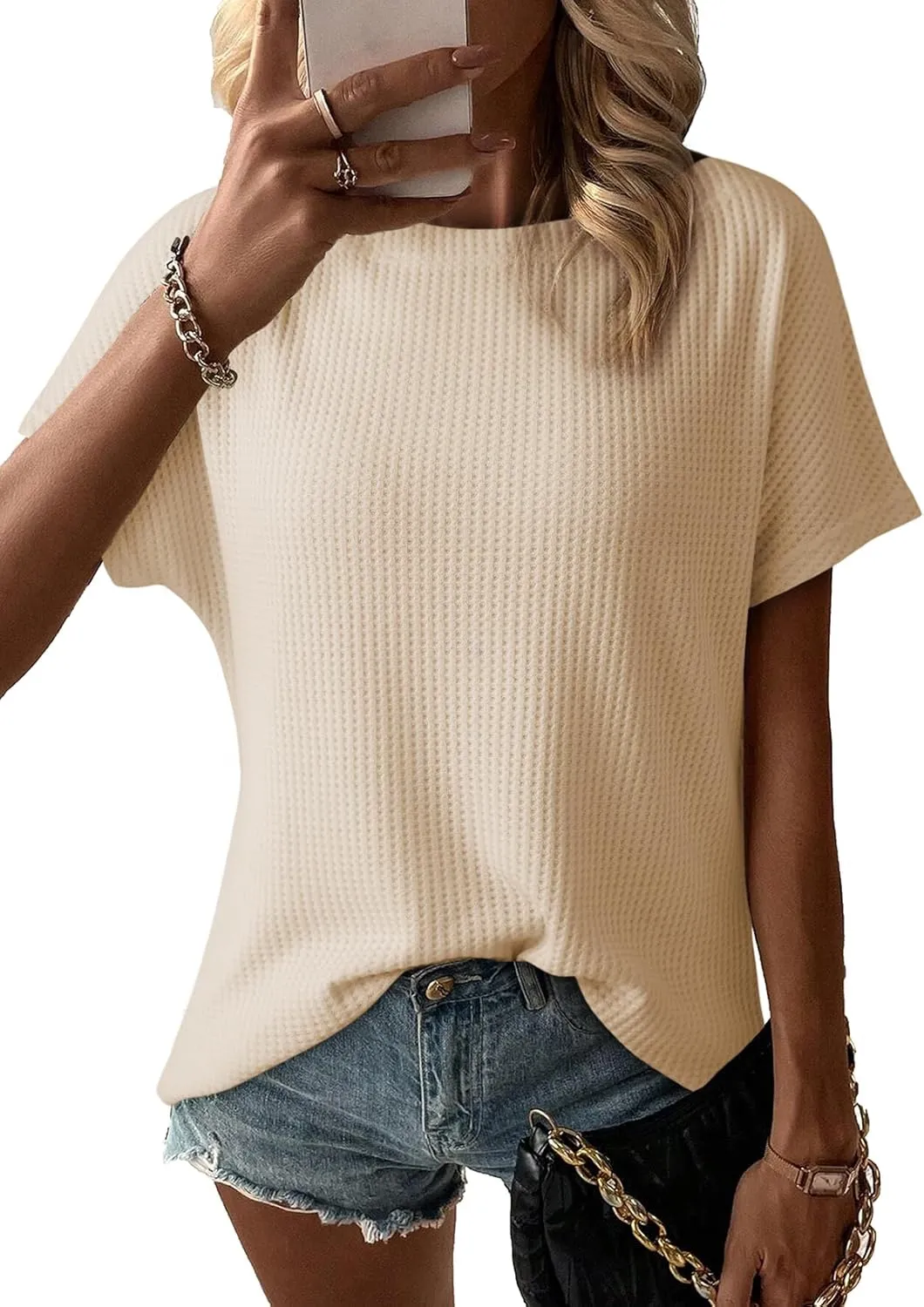Dokotoo Women's Casual Boat Neck Short Sleeve Waffle Knit Shirts Loose Summer Tunic Tops Blouses