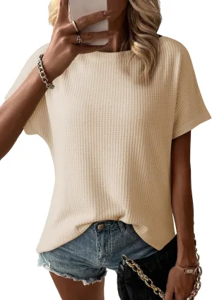 Dokotoo Women's Casual Boat Neck Short Sleeve Waffle Knit Shirts Loose Summer Tunic Tops Blouses