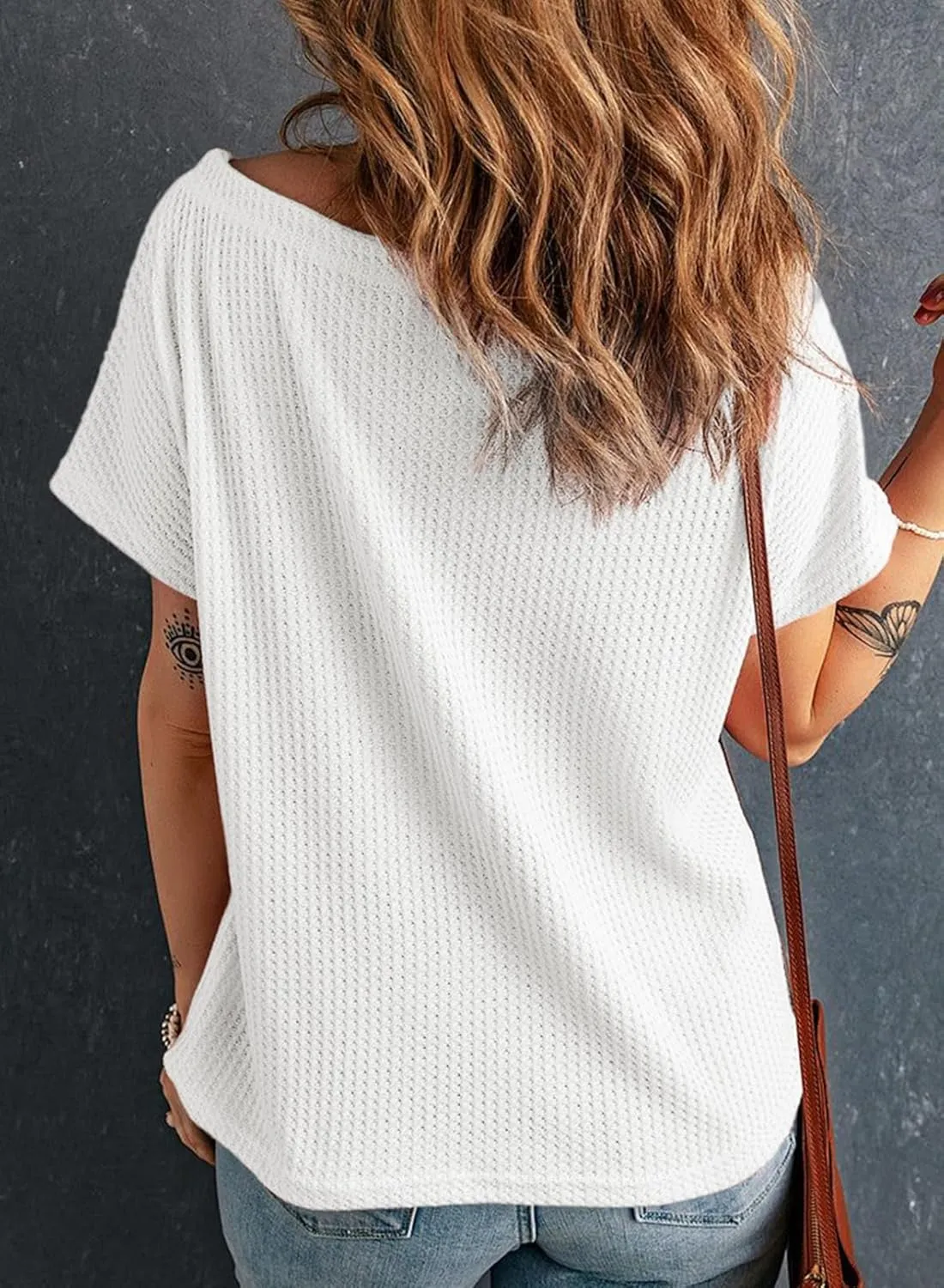 Dokotoo Women's Casual Boat Neck Short Sleeve Waffle Knit Shirts Loose Summer Tunic Tops Blouses