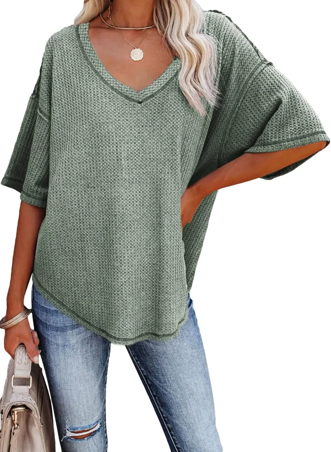 Dokotoo Women's Causual V Neck Short Sleeve Shirts Waffle Knit Loose Tunic Tops Blouses