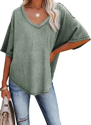 Dokotoo Women's Causual V Neck Short Sleeve Shirts Waffle Knit Loose Tunic Tops Blouses