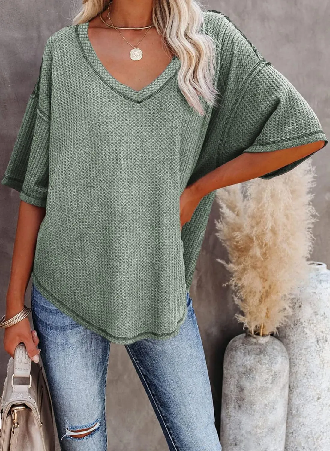 Dokotoo Women's Causual V Neck Short Sleeve Shirts Waffle Knit Loose Tunic Tops Blouses