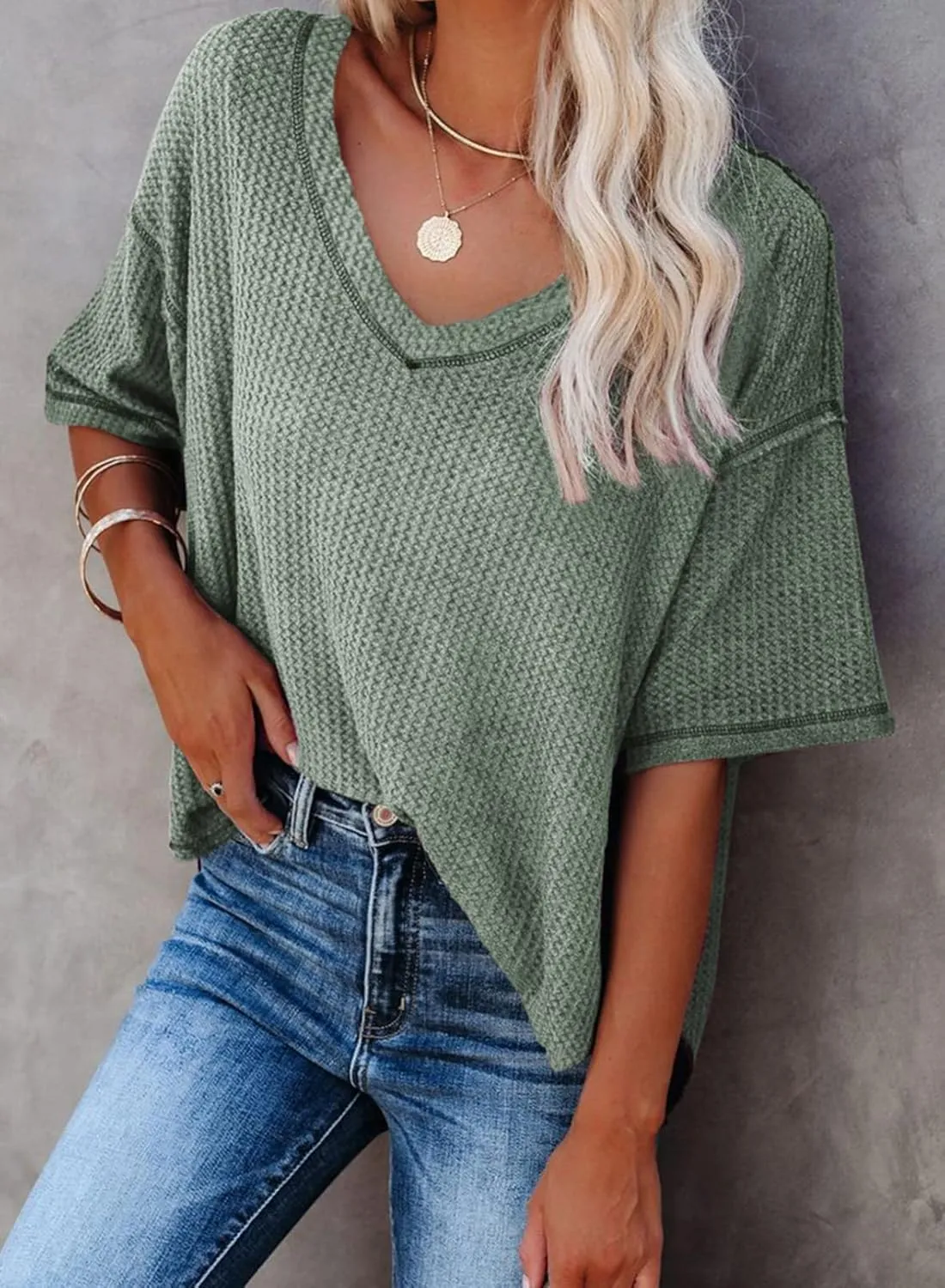 Dokotoo Women's Causual V Neck Short Sleeve Shirts Waffle Knit Loose Tunic Tops Blouses