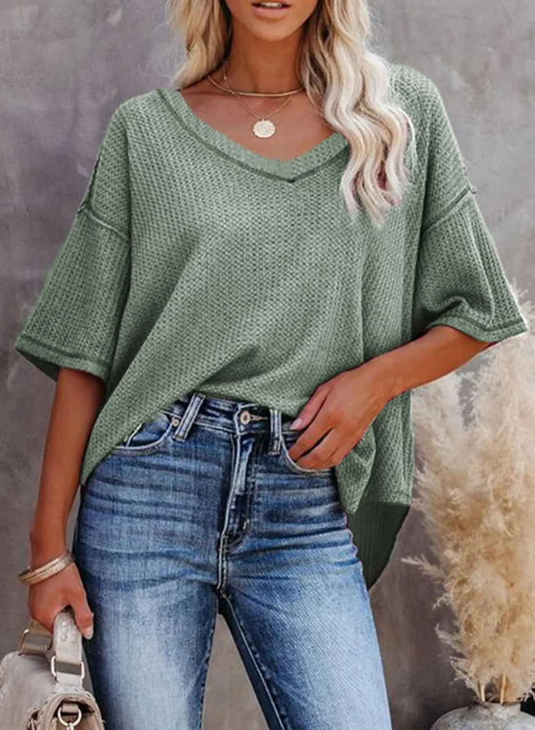 Dokotoo Women's Causual V Neck Short Sleeve Shirts Waffle Knit Loose Tunic Tops Blouses