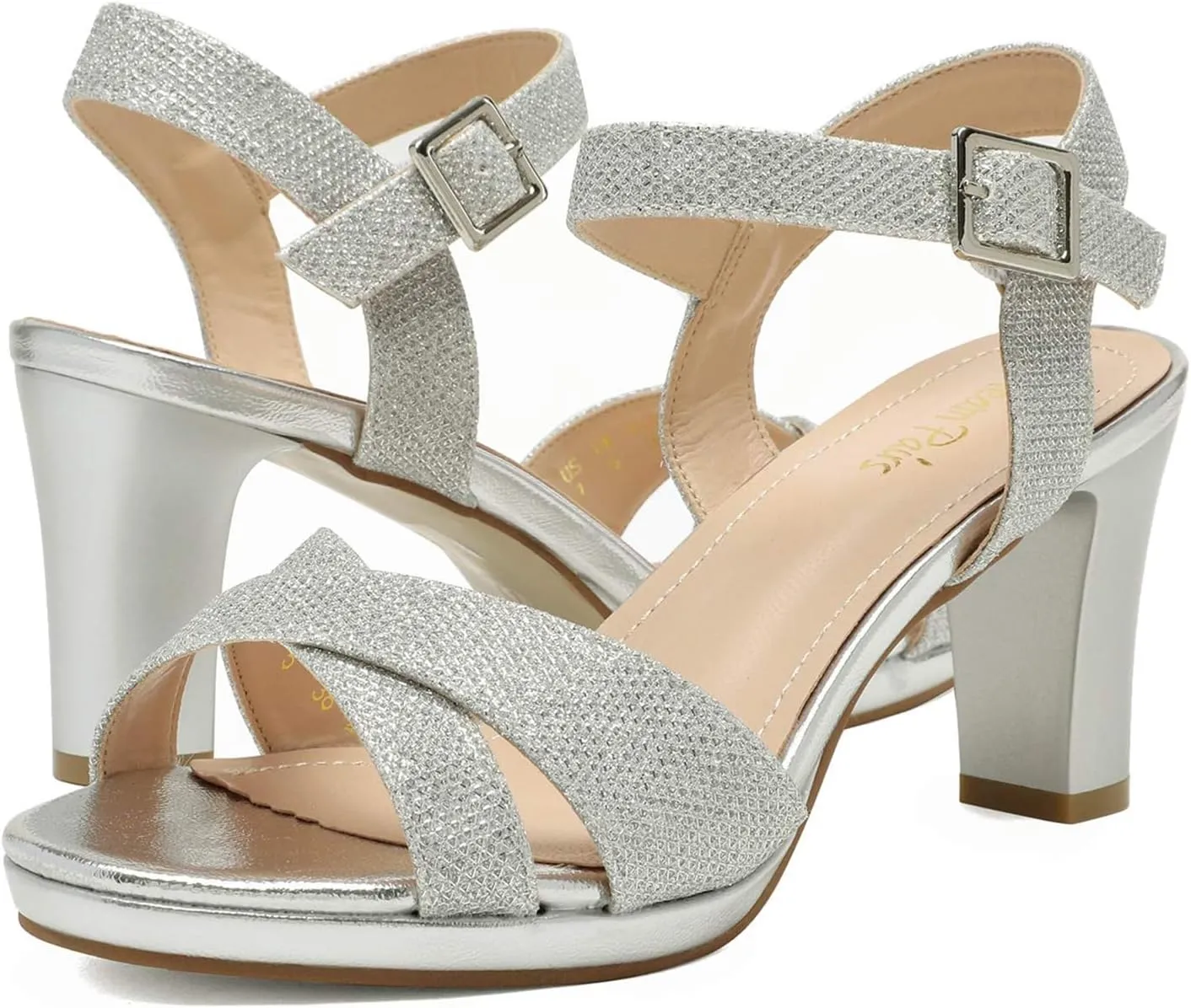 DREAM PAIRS Women's Chunky Heels Open Toe Ankle Strap Sparkly Heels Pump Sandals