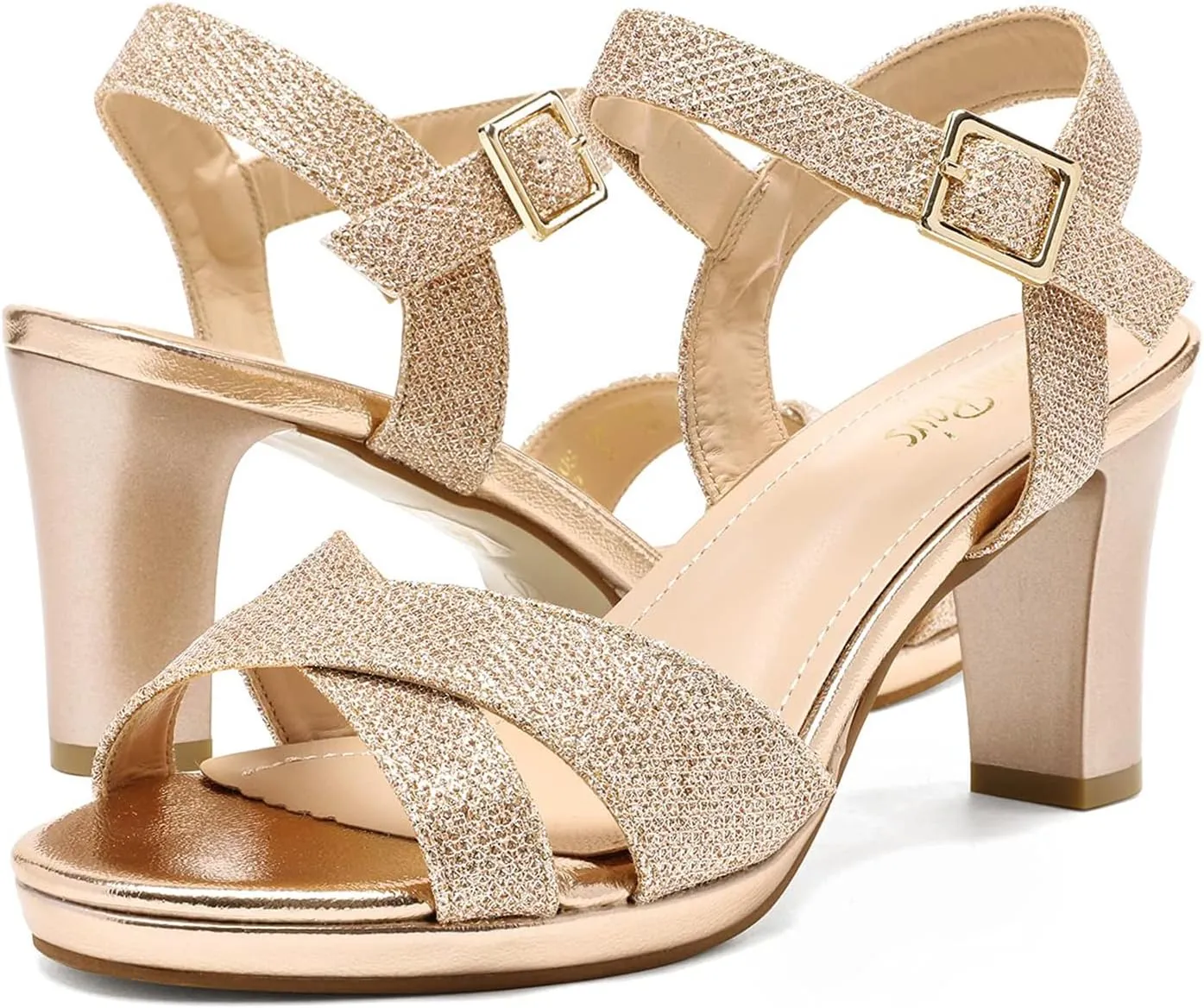 DREAM PAIRS Women's Chunky Heels Open Toe Ankle Strap Sparkly Heels Pump Sandals