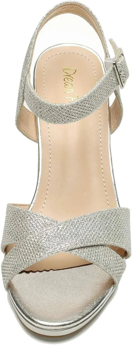 DREAM PAIRS Women's Chunky Heels Open Toe Ankle Strap Sparkly Heels Pump Sandals