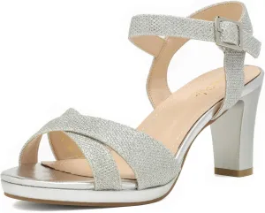 DREAM PAIRS Women's Chunky Heels Open Toe Ankle Strap Sparkly Heels Pump Sandals
