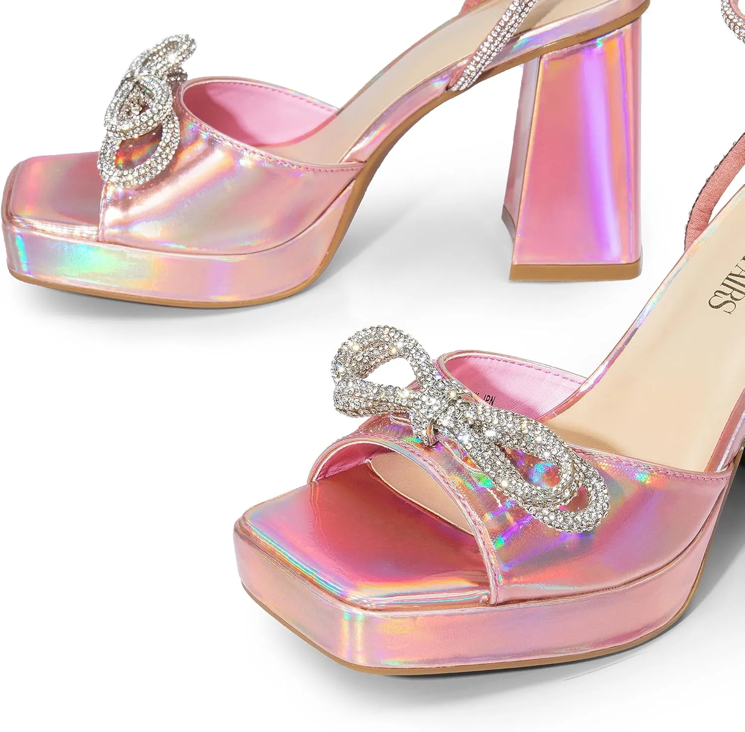DREAM PAIRS Women's Double Bowknots Platform Chunky Heels Rhinestone High Square Toe Dress Sandals for Wedding Bridal Party