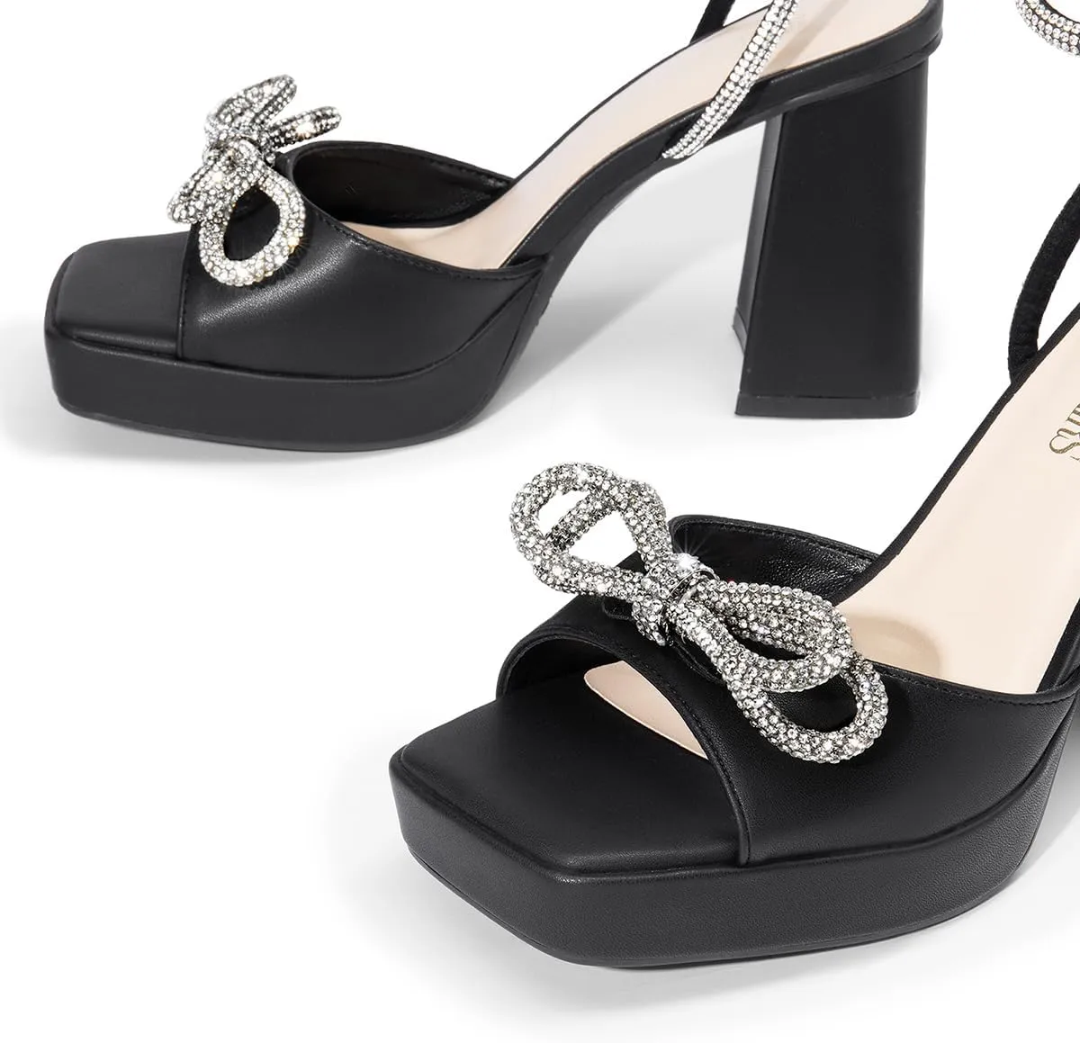 DREAM PAIRS Women's Double Bowknots Platform Chunky Heels Rhinestone High Square Toe Dress Sandals for Wedding Bridal Party