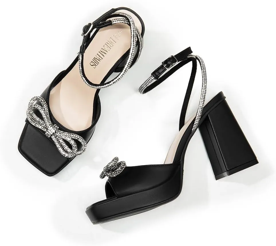DREAM PAIRS Women's Double Bowknots Platform Chunky Heels Rhinestone High Square Toe Dress Sandals for Wedding Bridal Party