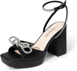 DREAM PAIRS Women's Double Bowknots Platform Chunky Heels Rhinestone High Square Toe Dress Sandals for Wedding Bridal Party