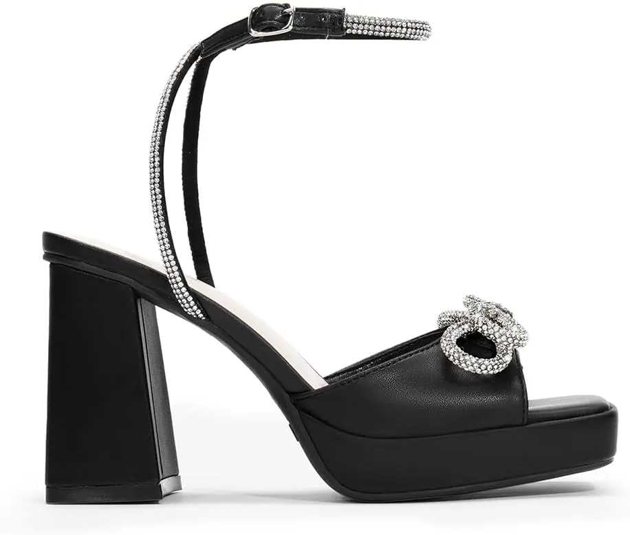 DREAM PAIRS Women's Double Bowknots Platform Chunky Heels Rhinestone High Square Toe Dress Sandals for Wedding Bridal Party