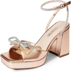 DREAM PAIRS Women's Double Bowknots Platform Chunky Heels Rhinestone High Square Toe Dress Sandals for Wedding Bridal Party