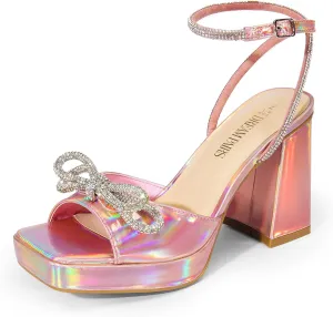 DREAM PAIRS Women's Double Bowknots Platform Chunky Heels Rhinestone High Square Toe Dress Sandals for Wedding Bridal Party