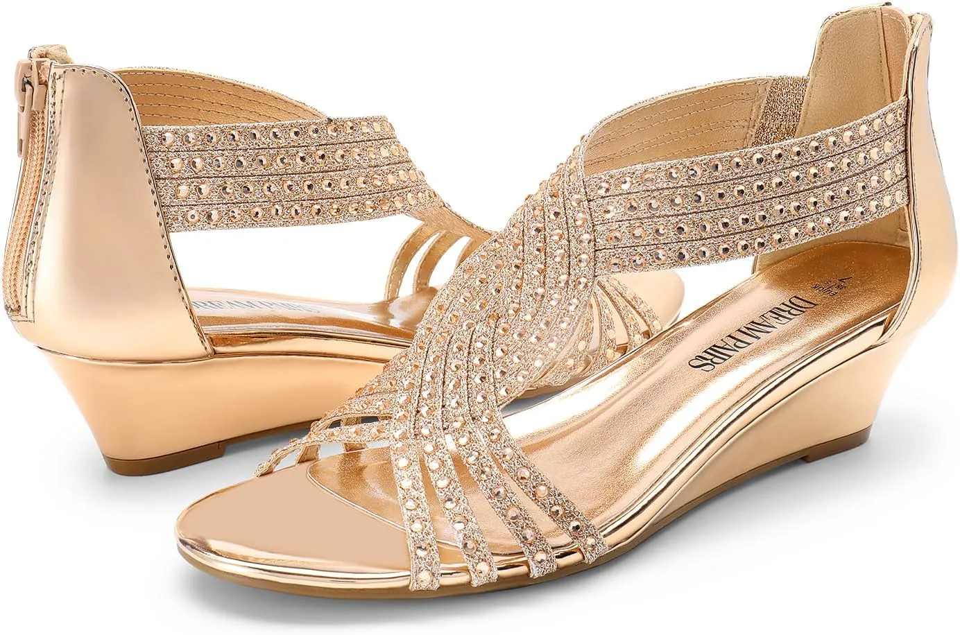 DREAM PAIRS Women's Open Toe Low Wedges Sandals Sparkly Rhinestone Strappy Zipper Weeding Dressy Elegant Summer Shoes for Lady