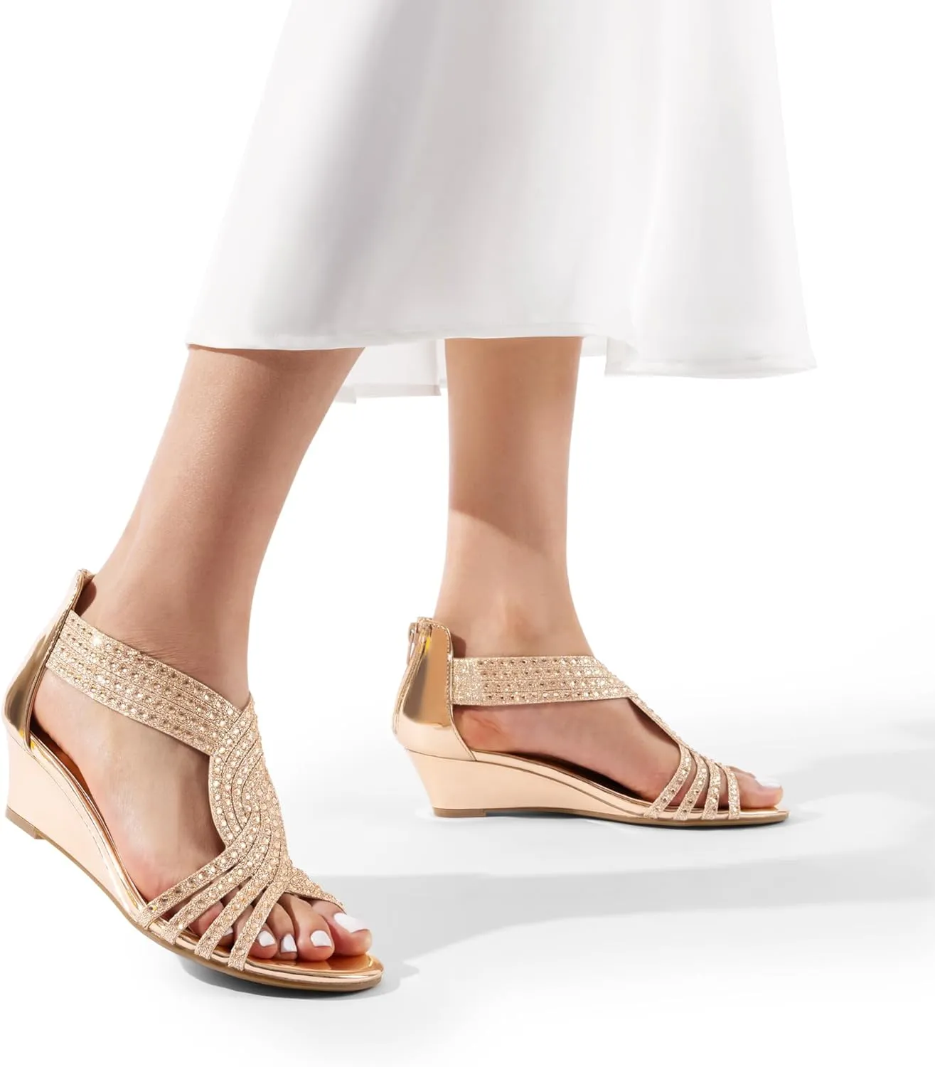 DREAM PAIRS Women's Open Toe Low Wedges Sandals Sparkly Rhinestone Strappy Zipper Weeding Dressy Elegant Summer Shoes for Lady