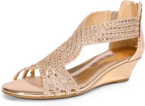 DREAM PAIRS Women's Open Toe Low Wedges Sandals Sparkly Rhinestone Strappy Zipper Weeding Dressy Elegant Summer Shoes for Lady