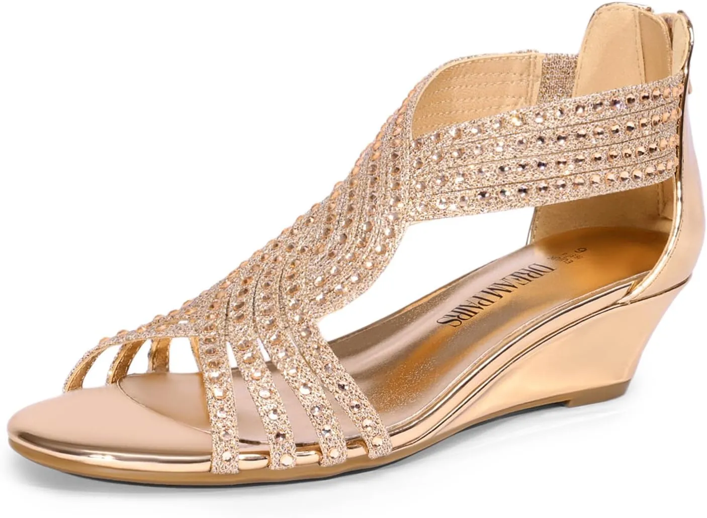 DREAM PAIRS Women's Open Toe Low Wedges Sandals Sparkly Rhinestone Strappy Zipper Weeding Dressy Elegant Summer Shoes for Lady