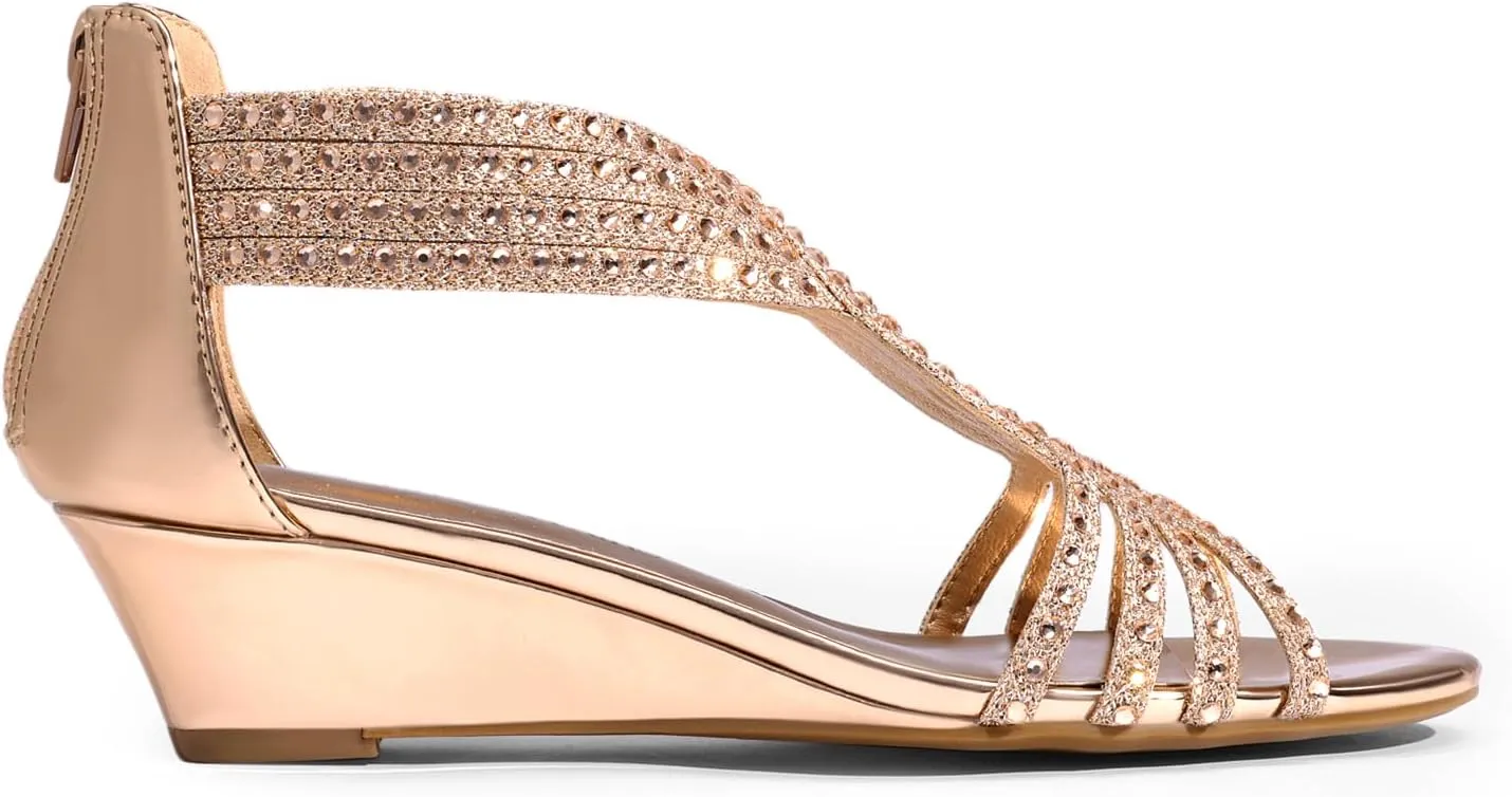 DREAM PAIRS Women's Open Toe Low Wedges Sandals Sparkly Rhinestone Strappy Zipper Weeding Dressy Elegant Summer Shoes for Lady