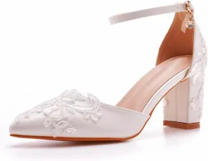Dress First Wedding Shoes for Bride Block Low High Heels Point Toe Closed Toe Wedding Heels Bridal Shoes Ankle Strap Heels Lace Elegant Leather with Buckle