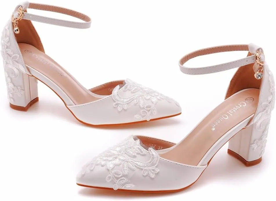 Dress First Wedding Shoes for Bride Block Low High Heels Point Toe Closed Toe Wedding Heels Bridal Shoes Ankle Strap Heels Lace Elegant Leather with Buckle