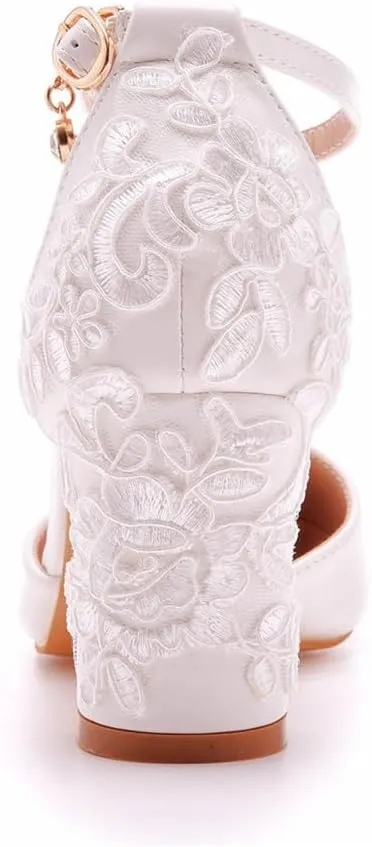 Dress First Wedding Shoes for Bride Block Low High Heels Point Toe Closed Toe Wedding Heels Bridal Shoes Ankle Strap Heels Lace Elegant Leather with Buckle