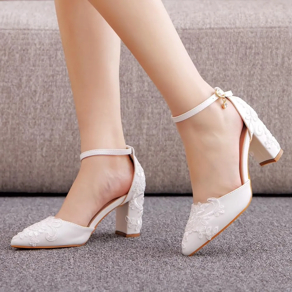 Dress First Wedding Shoes for Bride Block Low High Heels Point Toe Closed Toe Wedding Heels Bridal Shoes Ankle Strap Heels Lace Elegant Leather with Buckle