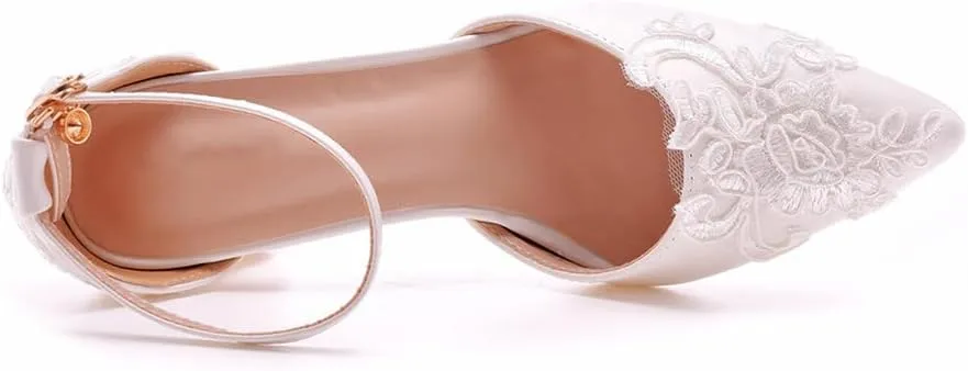 Dress First Wedding Shoes for Bride Block Low High Heels Point Toe Closed Toe Wedding Heels Bridal Shoes Ankle Strap Heels Lace Elegant Leather with Buckle
