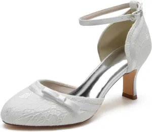 Dress First Wedding Shoes Lace Satin Bow Heels for Women High Heel Closed Toe Wedding Heels Bridesmaid Shoes Ankle Strap Heels Elegant with Buckle, 2.56 inch