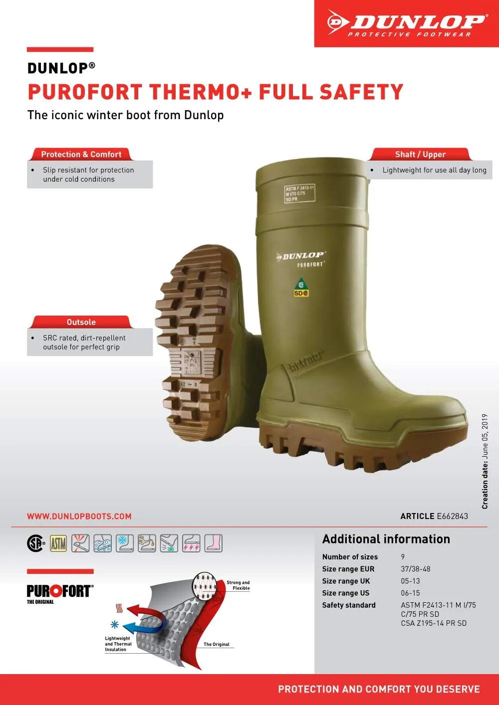 Dunlop Protective Footwear, Purofort Thermo  Full Safety, 100% Waterproof Purofort Material, Lightweight and Durable Protective Footwear, Slip-Resistant, E662843.08, Size 8 US, Green/Brown