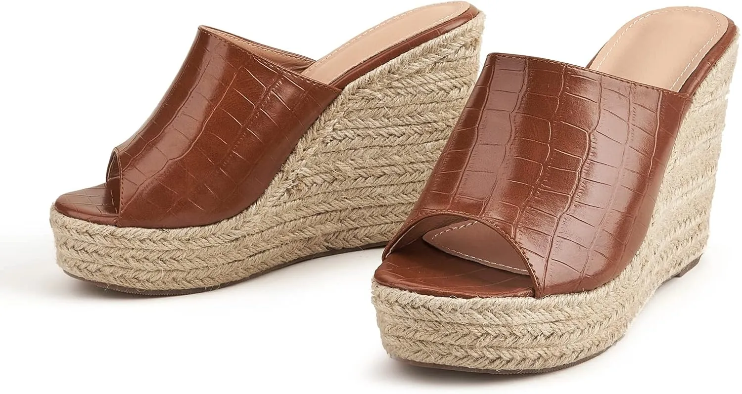 EFTCAL Women's Open Toe Espadrille Retro Pattern Platform Wedge Sandals,Comfort Slip On Backless High Heel Slide,Fish Mouth Orthopedic Outdoor Casual Beach Sandals