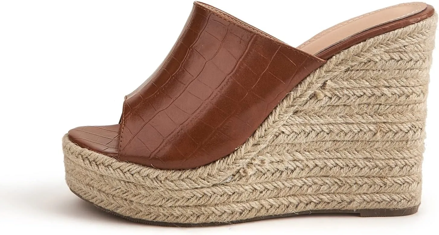 EFTCAL Women's Open Toe Espadrille Retro Pattern Platform Wedge Sandals,Comfort Slip On Backless High Heel Slide,Fish Mouth Orthopedic Outdoor Casual Beach Sandals