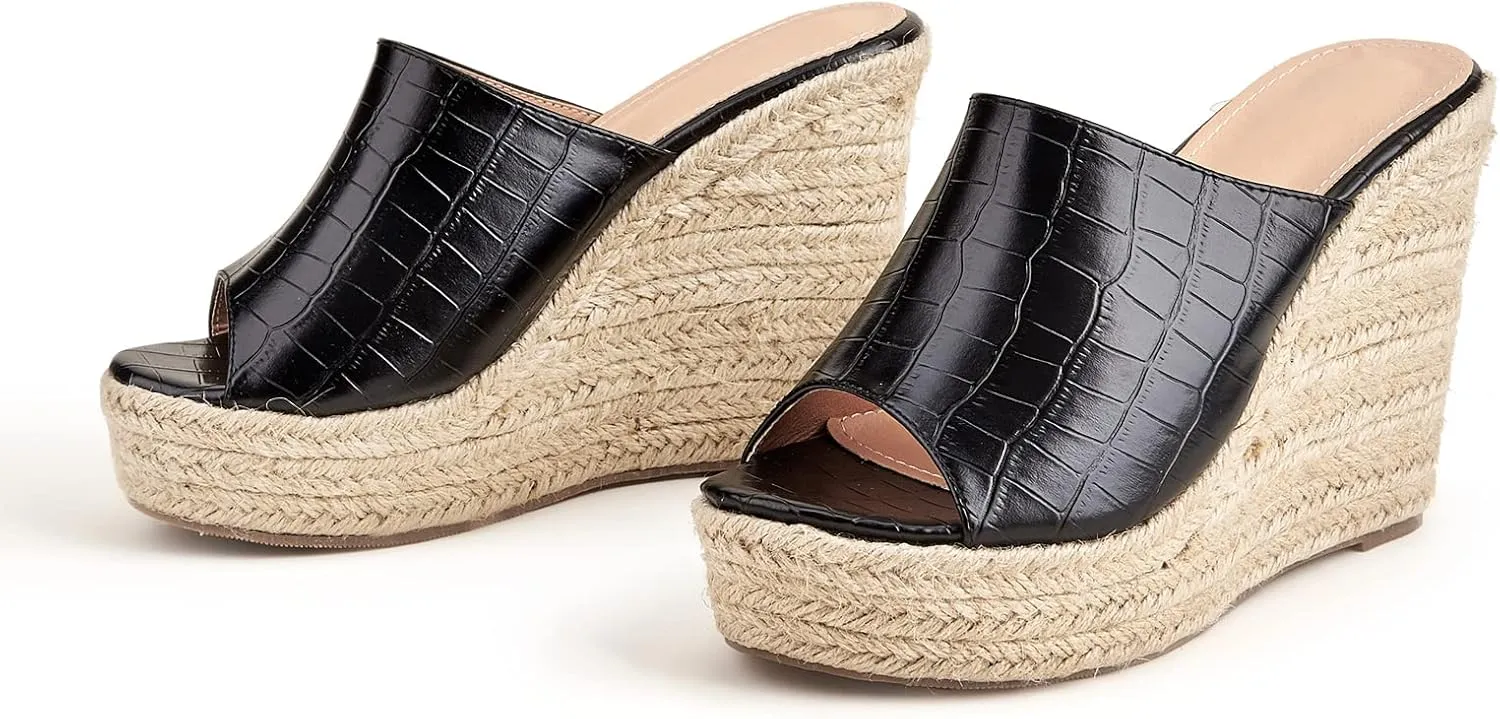 EFTCAL Women's Open Toe Espadrille Retro Pattern Platform Wedge Sandals,Comfort Slip On Backless High Heel Slide,Fish Mouth Orthopedic Outdoor Casual Beach Sandals