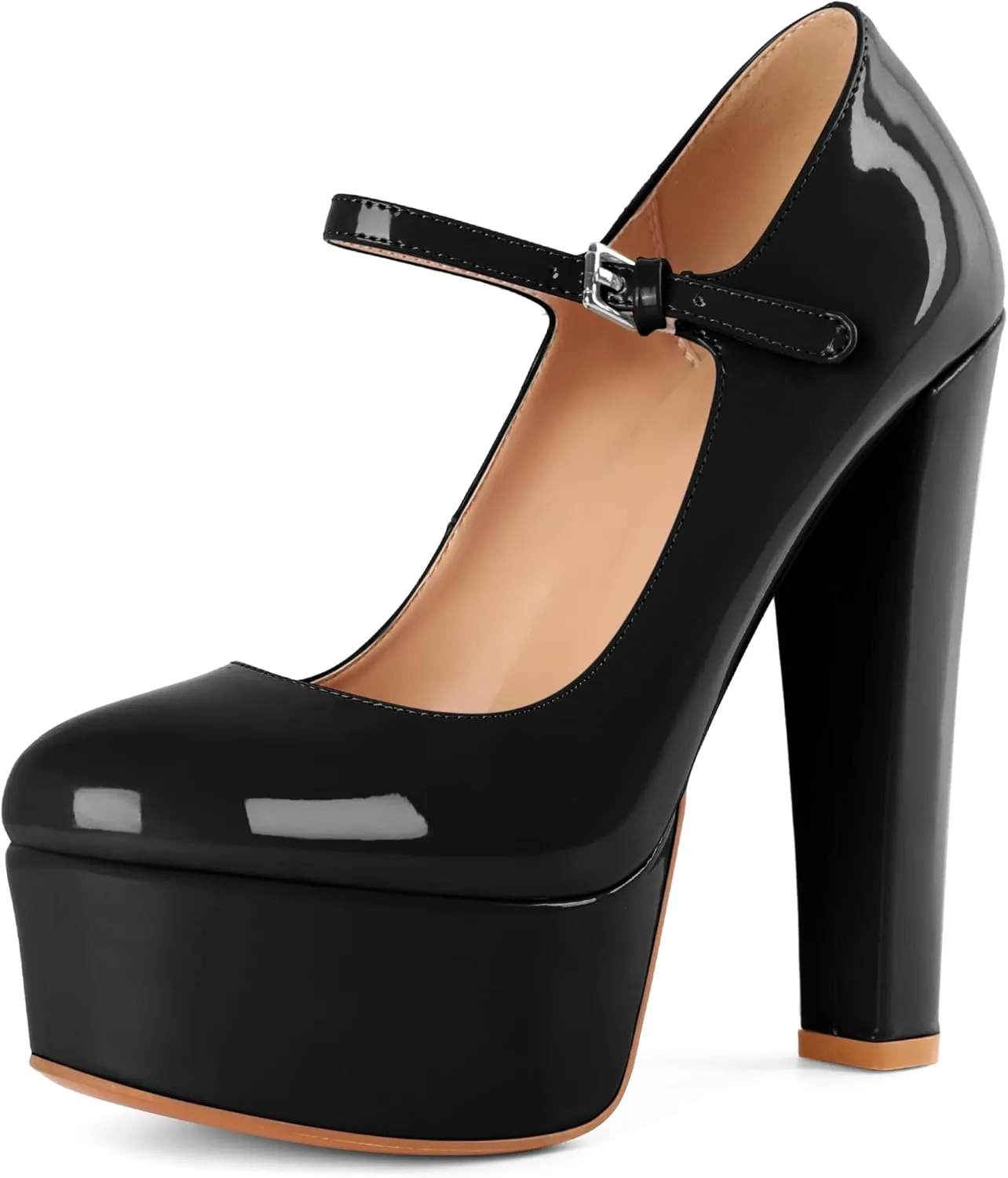 Eldof Women's Round Closed Toe Platform Mary Jane Pumps Block Chunky High Heel Sexy Wedding Dressy Shoes 6 Inches