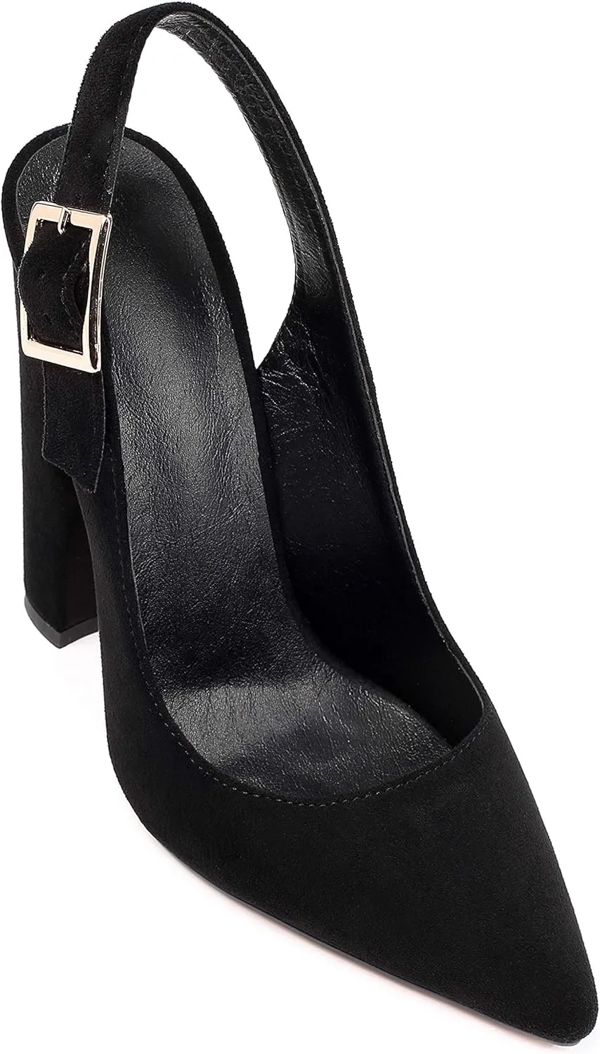 Eldof Women's Slingback Pointed Toe Pumps Ankle Strap Chunky Square Heel 4.7" High Block Heel Pumps Dress Shoes