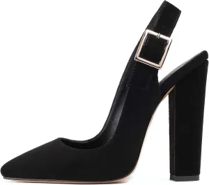Eldof Women's Slingback Pointed Toe Pumps Ankle Strap Chunky Square Heel 4.7" High Block Heel Pumps Dress Shoes