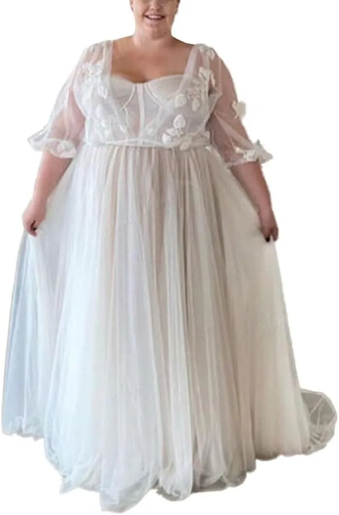 Elegant A Line Plus Size Wedding Dress for Women with Lace Applique Tulle Bridal Gown