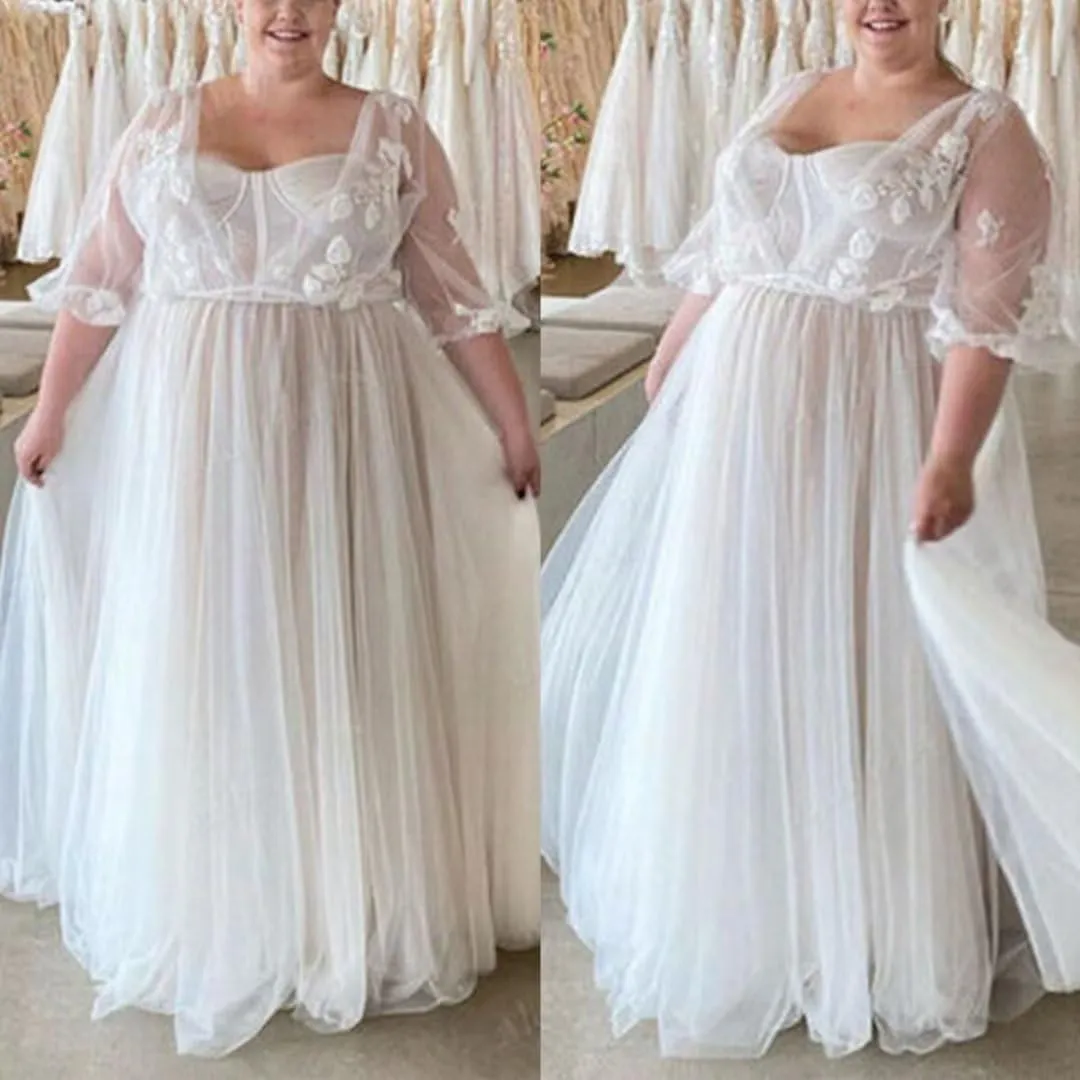 Elegant A Line Plus Size Wedding Dress for Women with Lace Applique Tulle Bridal Gown