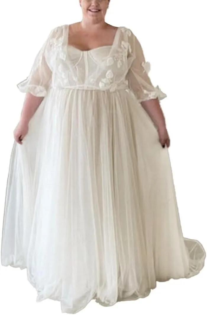 Elegant A Line Plus Size Wedding Dress for Women with Lace Applique Tulle Bridal Gown