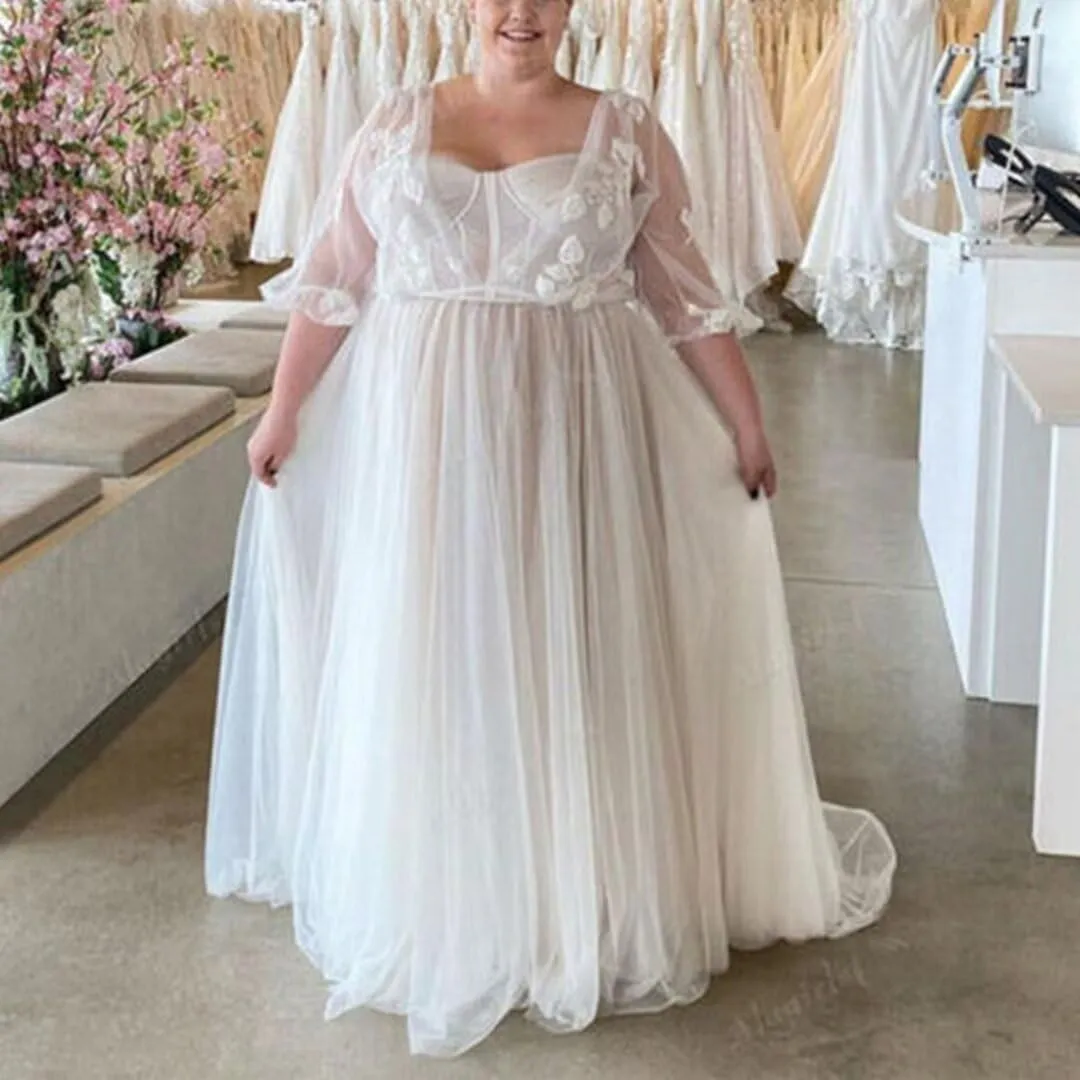 Elegant A Line Plus Size Wedding Dress for Women with Lace Applique Tulle Bridal Gown