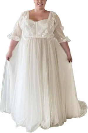 Elegant A Line Plus Size Wedding Dress for Women with Lace Applique Tulle Bridal Gown