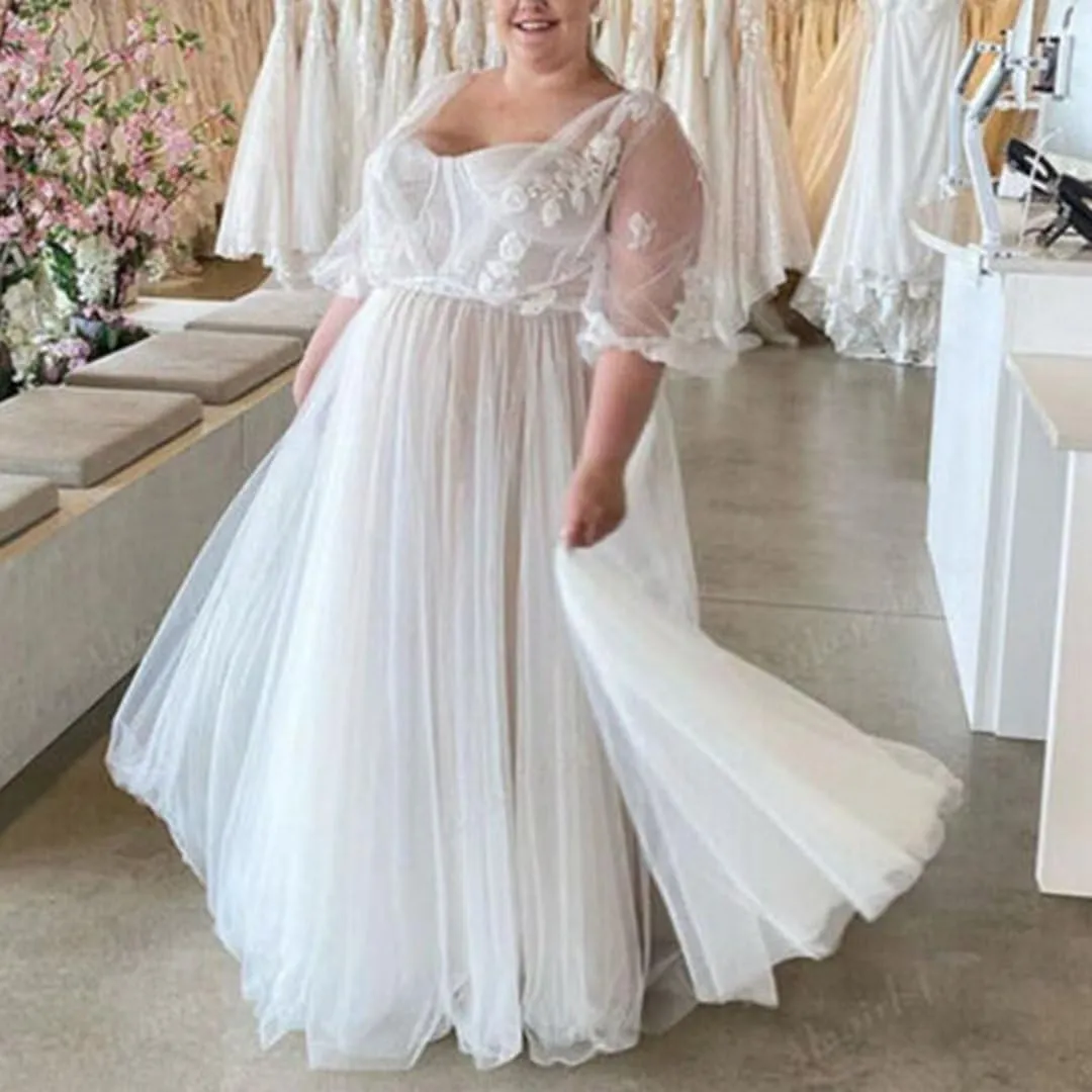 Elegant A Line Plus Size Wedding Dress for Women with Lace Applique Tulle Bridal Gown