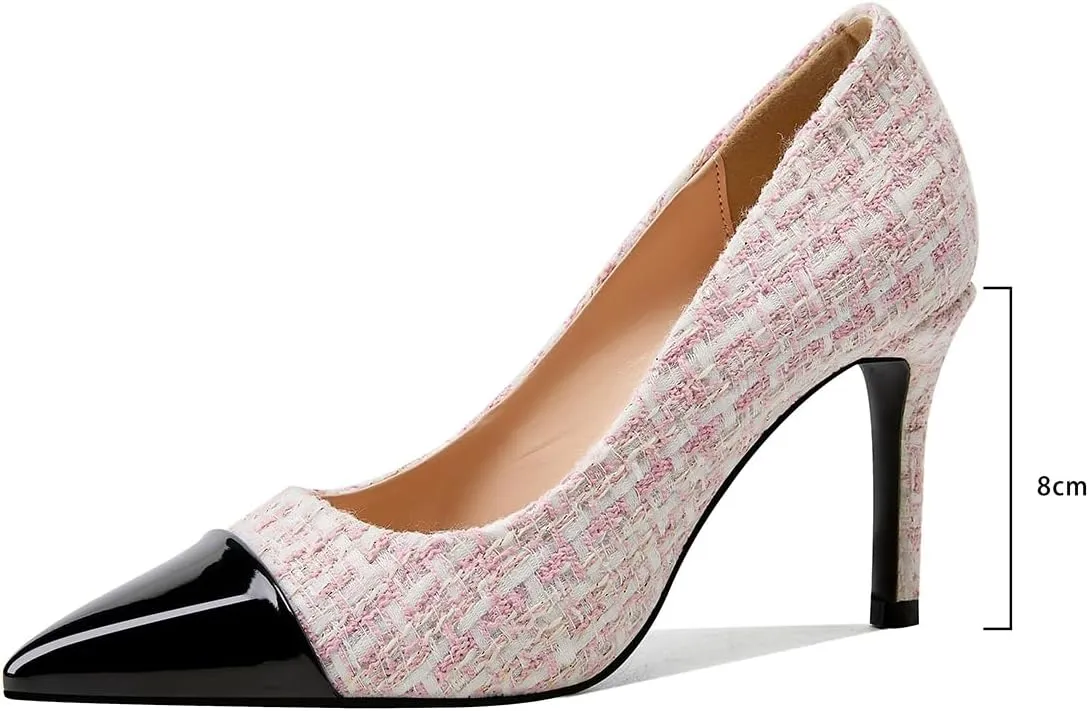 Elegant Closed Toe High Heels Women Pumps Fashion Leather Upper Low Heel Fabric Material Pink Heels 8CM Dress Shoes