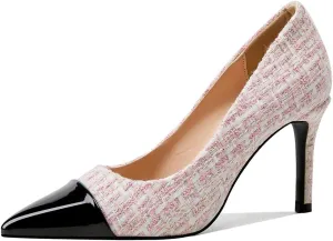 Elegant Closed Toe High Heels Women Pumps Fashion Leather Upper Low Heel Fabric Material Pink Heels 8CM Dress Shoes
