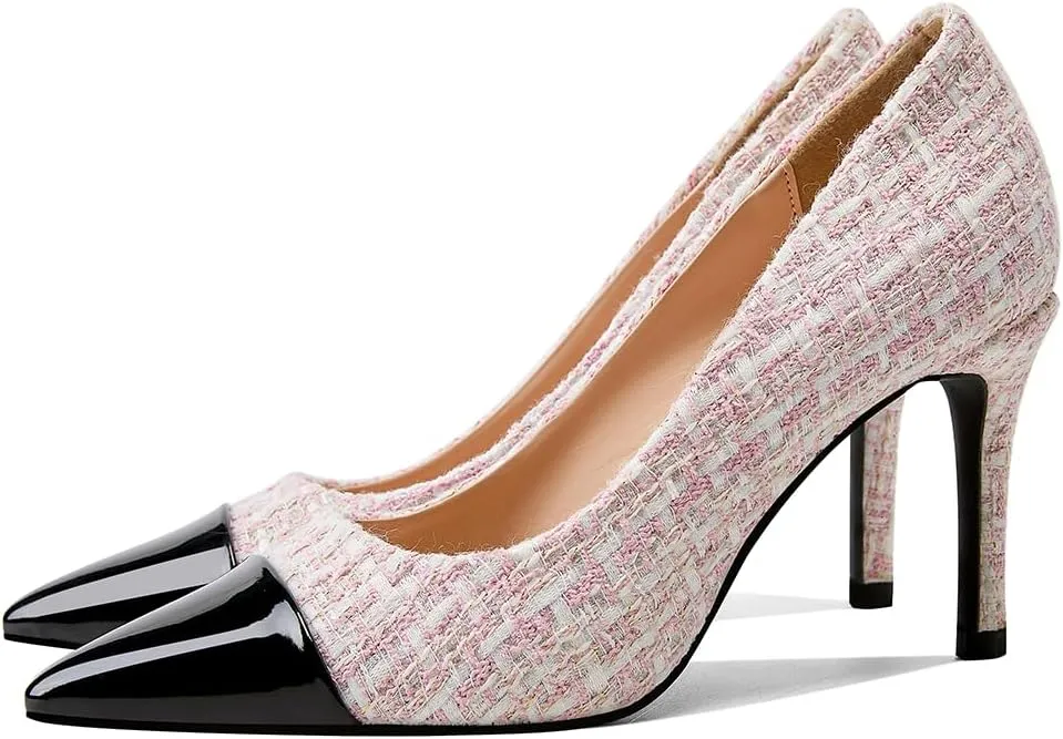 Elegant Closed Toe High Heels Women Pumps Fashion Leather Upper Low Heel Fabric Material Pink Heels 8CM Dress Shoes