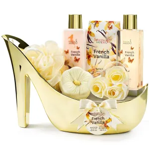 Elegant French Vanilla Bath Set Gold High Heel Shoe Spa Gift for Gifting, Pampering & Home Decor Shower Gel, Body Lotion, Bath Salts, Soap Flower & Many More