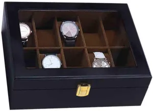 Elegant Large Wooden Watch Box Organizer for Men Women with 10 Slots, Transparent top, Portable Watch Holder Mens Watches Case Storage Best Gift for The Husband, Black(27x 21 x 9cm