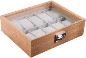 Elegant Large Wooden Watch Box Organizer for Men Women with 10 Slots, Transparent top, Portable Watch Holder Mens Watches Case Storage Best Gift for The Husband/Friend, 26x 21 x 7cm